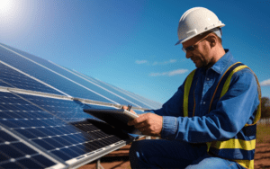 A man in a hard ha working on a wall of solar panels