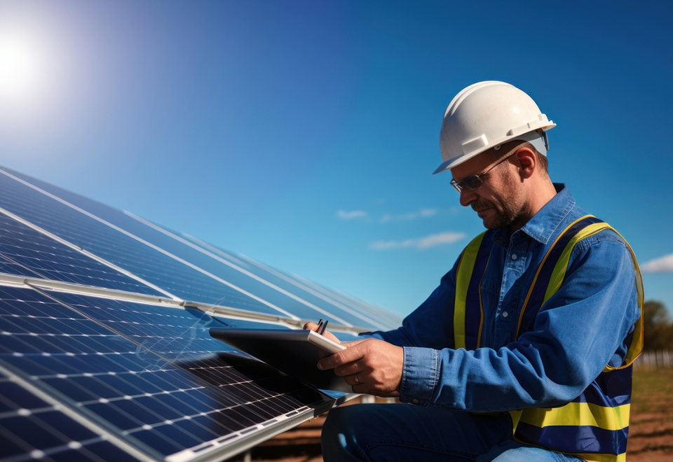 A man in a hard ha working on a wall of solar panels