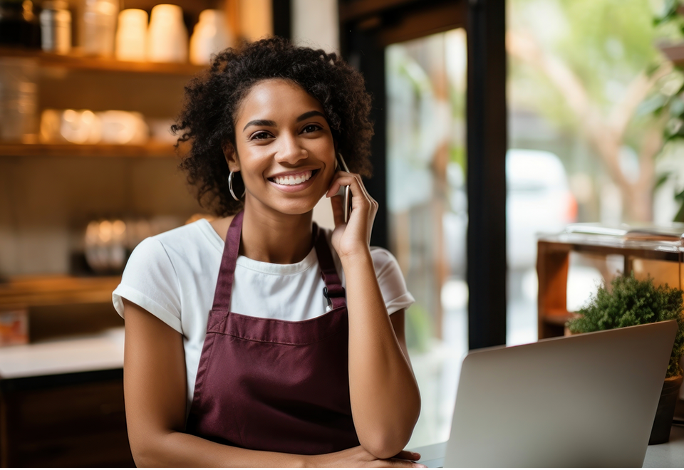 A smiling woman in an apron is on the phone in her business