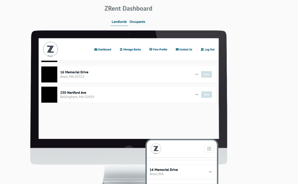 Zrent dashboard. computer screen with two tenant accounts showing