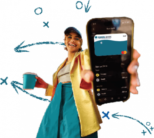 women holding phone displaying canal debit card. Arrows in the background.